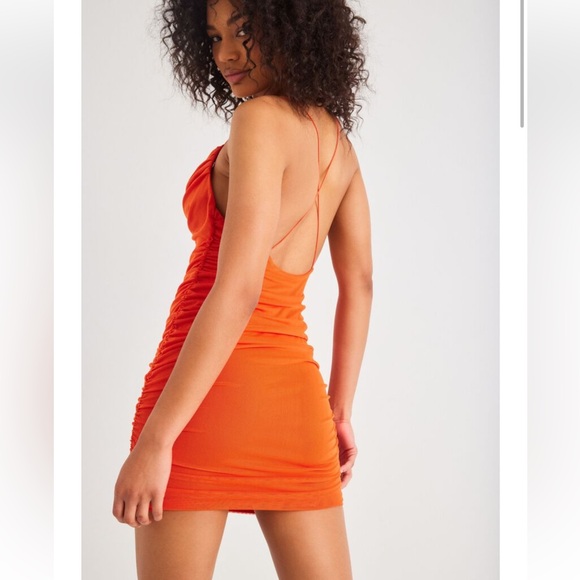 GARAGE | Morgan mesh ruched cami dress in mandarin red - Picture 4 of 10